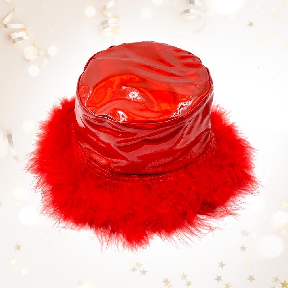 Red Fur Bucket Hat Hologram Style Trendy Fuzzy Trim Fun Cute Fashion Statement - Picture 1 of 2